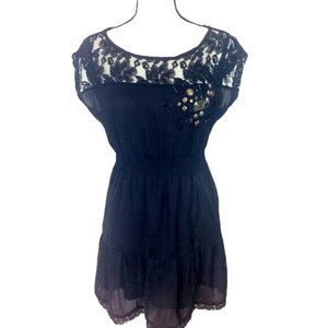 Mustard Seed Womens Black Beaded Lace Cap Sleeve Fit & Flare Dress M